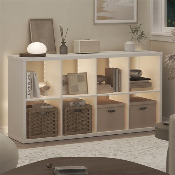 Pemberly Row LED Lights 8-Cube Reversible Extra Thick Frame Bookcase in White