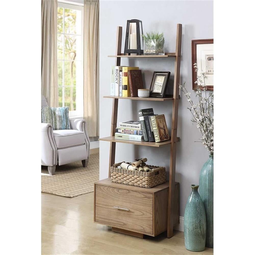Pemberly Row Ladder Bookcase with Drawer in Caramel Driftwood Wood Finish, image size:1000x1000