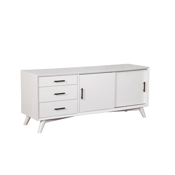 Pemberly Row Large Wood 3 Drawer TV Console with Rolling Doors in White