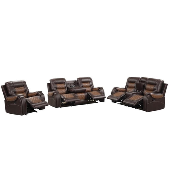 Pemberly Row Leather Modern Living Room Manual Reclining Sofa Set in Brown