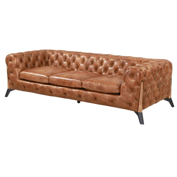 Pemberly Row Leather Tufted Chesterfield Sofa in Light Brown