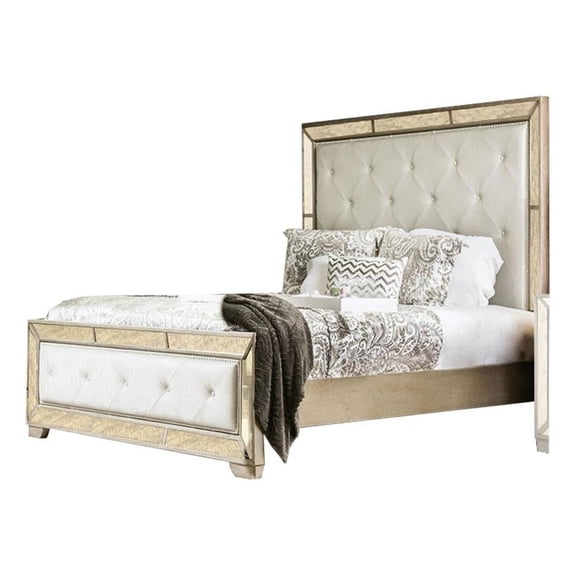 Pemberly Row Leatherette Upholstered Queen Bed w/ Mirror Details - Gold & Silver