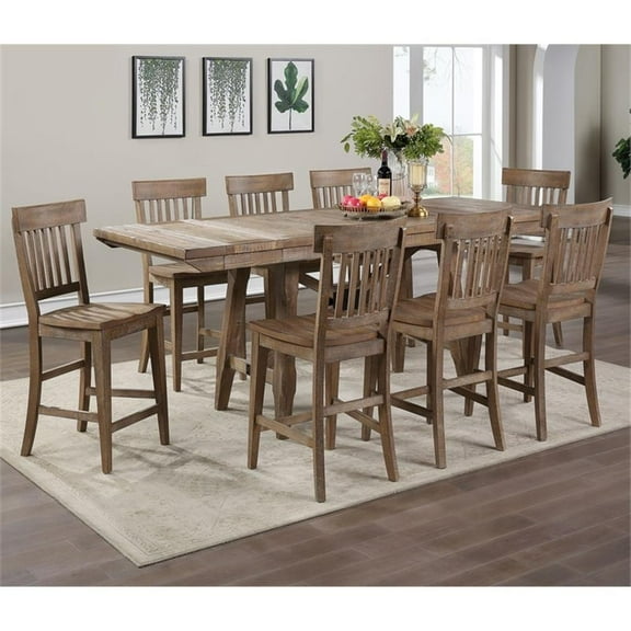 Pemberly Row Light Brown Distressed Wood Counter Height 9-Piece Dining Set