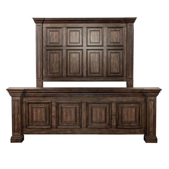 Pemberly Row Light Brown Queen Panel Bed with Crown Molding Detail
