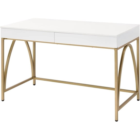Pemberly Row Lightmane Wooden Top Writing Desk in White High Gloss and Gold