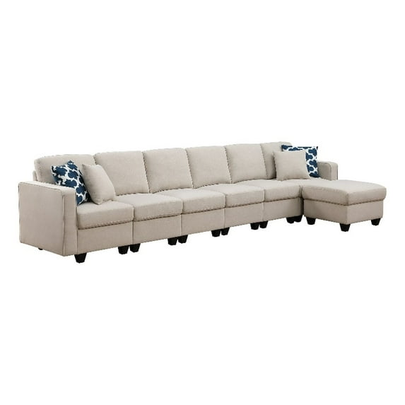 Pemberly Row Linen Blend Reversible Modular Sofa & Couch With Ottoman-Beige