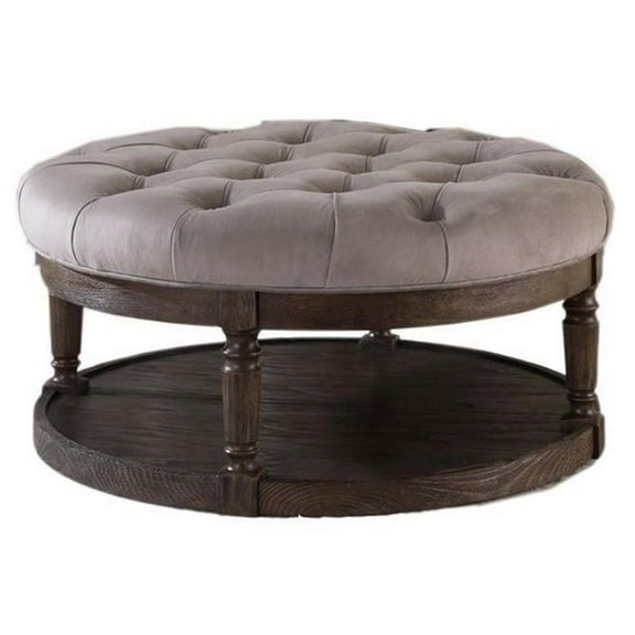 Pemberly Row Linen Fabric Upholstered Round Ottoman in Otter/Smoked Rustic Gray
