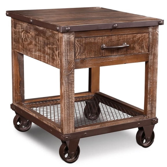 Pemberly Row Loft Caster Wheel End Table -Rustic Brown(Set of 2)