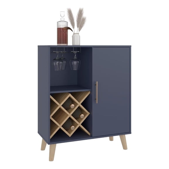 Pemberly Row Low Bar Cabinet with Open Storage in Blue and Walnut