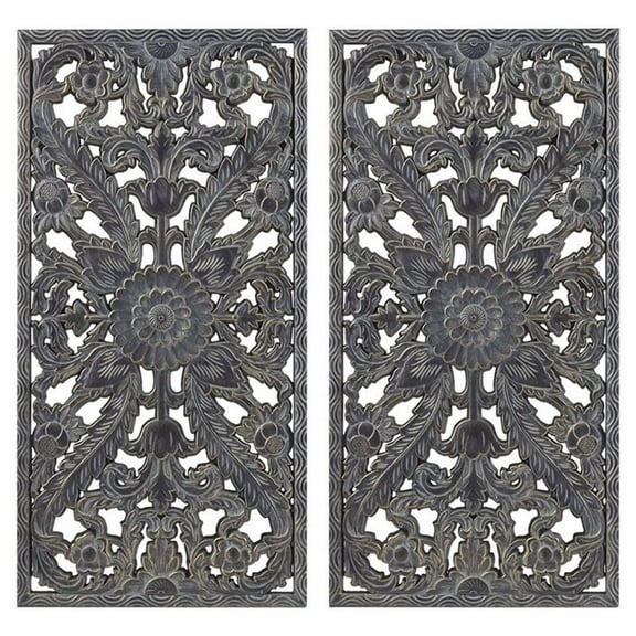 Pemberly Row MDF Botanical Panel Carved Wall Panel in Blue (Set of 2)