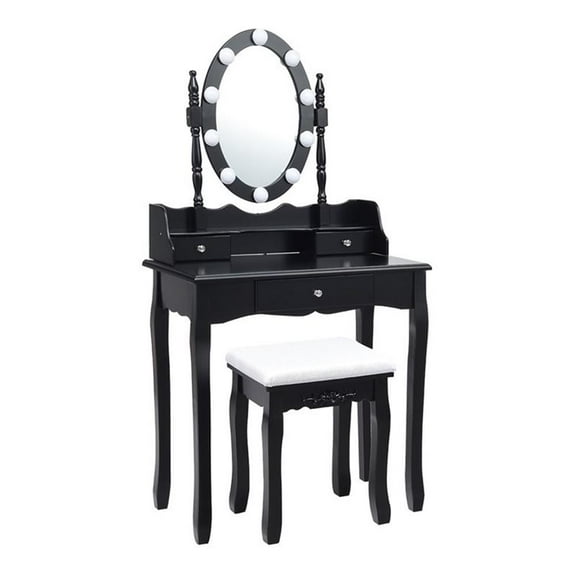 Pemberly Row MDF Vanity Dressing Table Set with 2 Side Drawers in Black