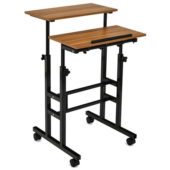 Pemberly Row MDF and Steel Adjustable Rolling Mobile Standing Desk in Walnut