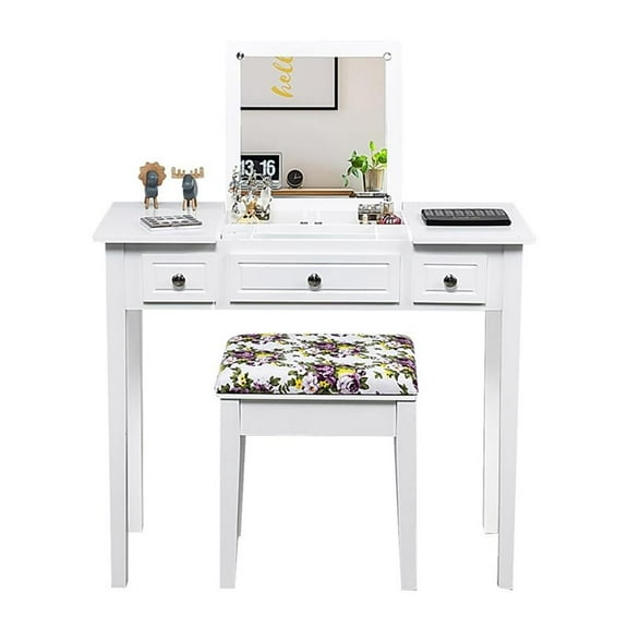 Pemberly Row MDF and Wood Vanity Dressing Table Set with 7 Compartments in White