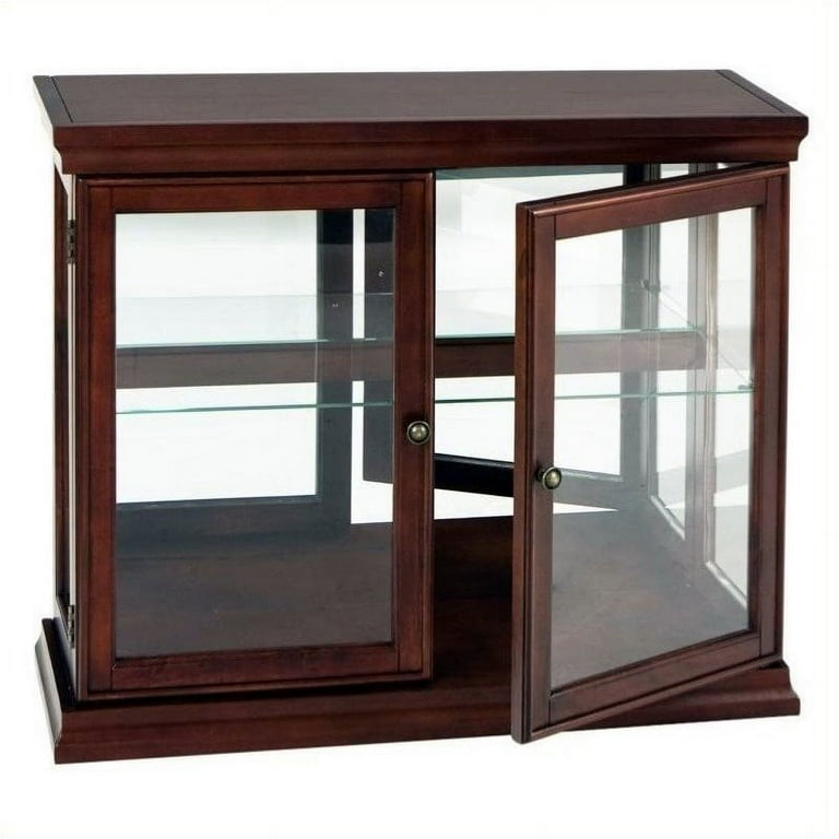 Pemberly Row Mahogany Curio Console Sofa Table with Glass Doors Glass Shelf