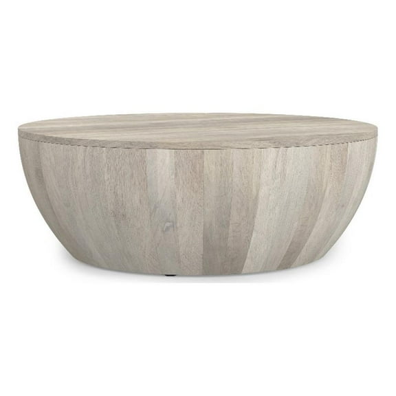 Pemberly Row Mango Wood 34" Wide Round Urban Drum Coffee Table in White Wash