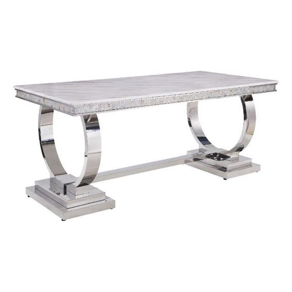 Pemberly Row Marble Top Dining Table with Circular Accent Base in Silver