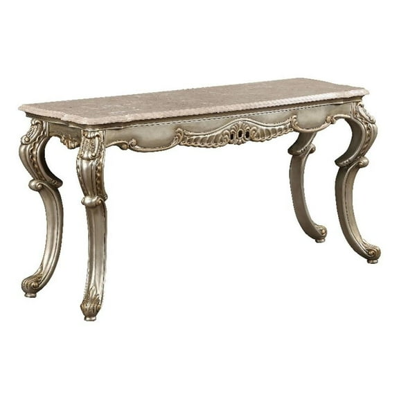 Pemberly Row Marble & Wood Sofa Table in Natural/Antique Bronze