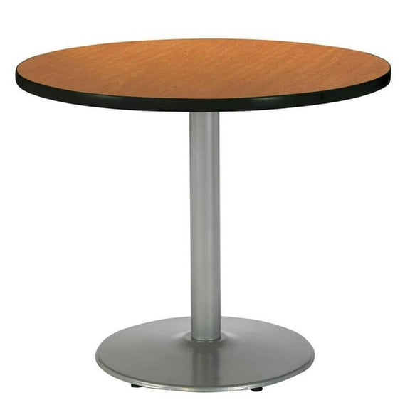 Pemberly Row Medium Oak 42in Breakroom Table with Round Silver Base