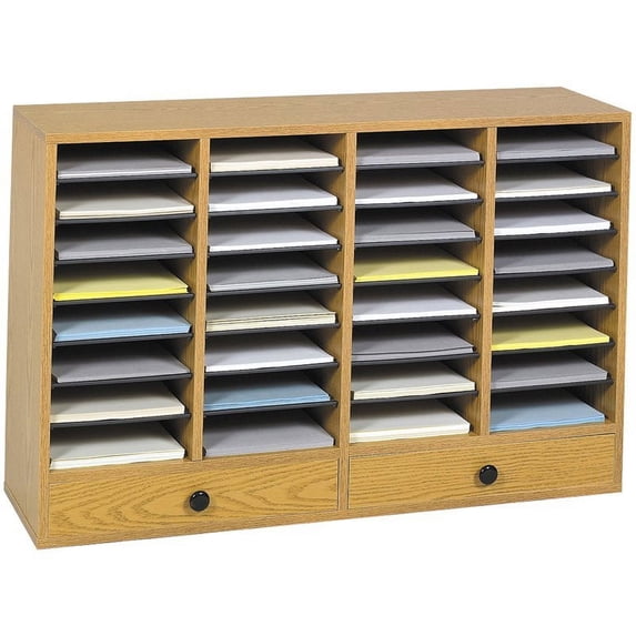 Pemberly Row Medium Oak Wood Adjustable 32 Compartment File Organizer