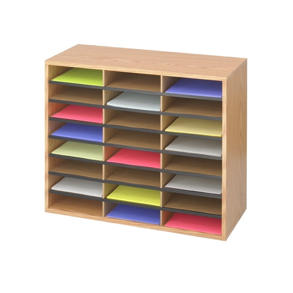 Pemberly Row Medium Oak Wood/Corrugated 24 Compartment Literature Organizer