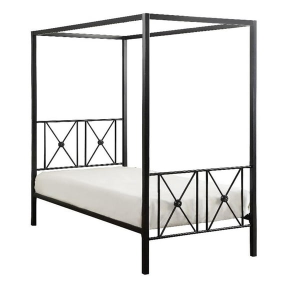 Pemberly Row Metal Canopy Bed Twin Size Square Posts Platform Base in Black