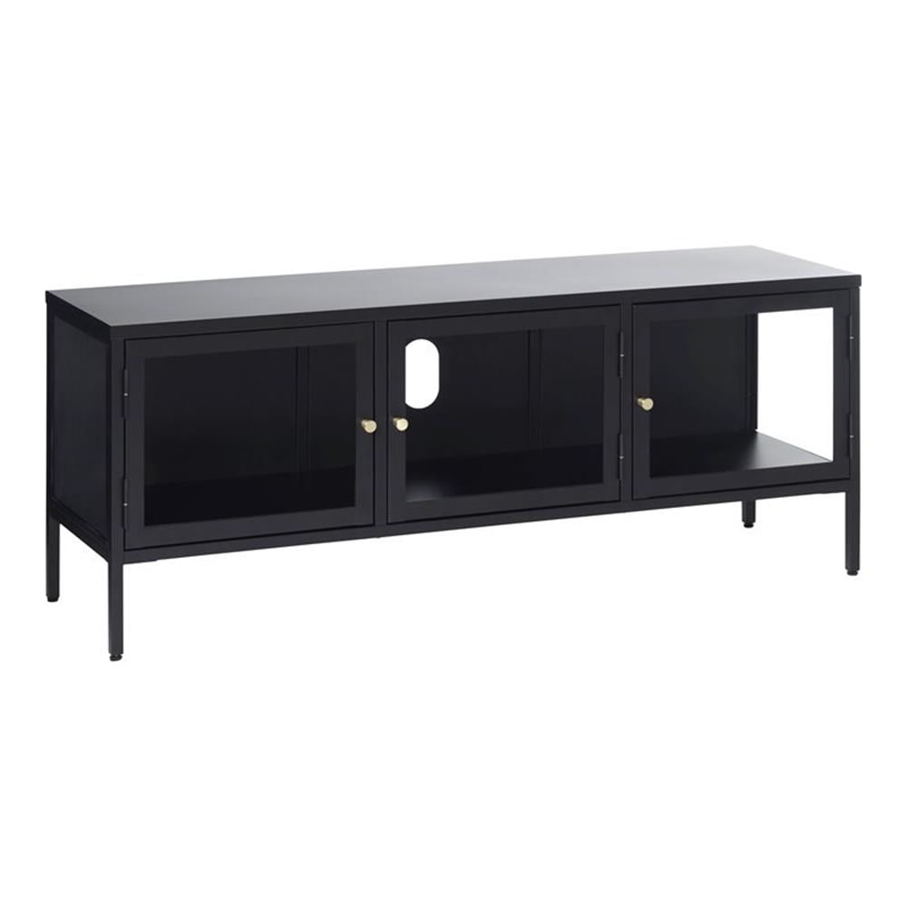 Black Metal and Glass 3-Cabinet TV Stand with Brass Knobs