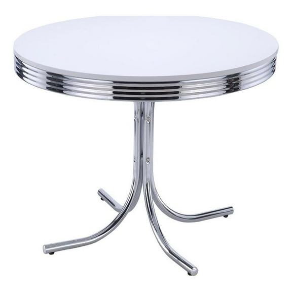 Pemberly Row Metal Legs Round Dining Table Glossy White and Chrome