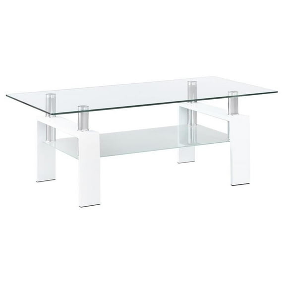 Pemberly Row Metal Rectangular Glass Top Coffee Table With Shelf White