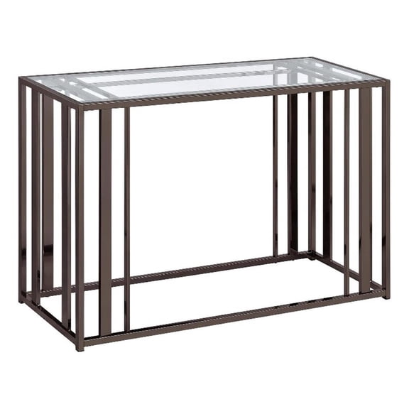 Pemberly Row Metal Rectangular Glass Top Sofa Table in Clear and Black Nickel