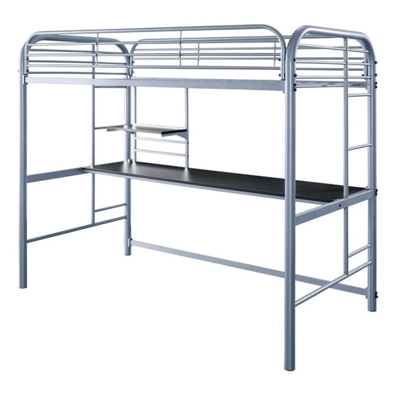 Pemberly Row Metal Twin Loft Bed with 2 Ladders and Built In Shelf in Silver