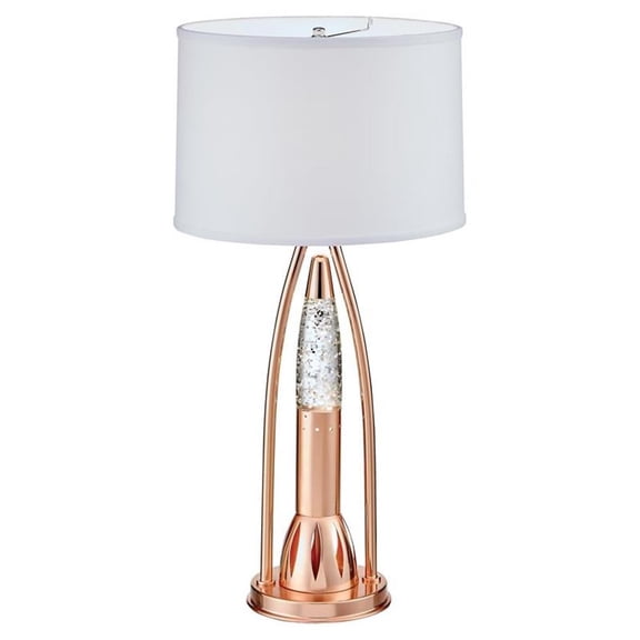 Pemberly Row Metal and Glass Table Lamp with Fabric Shade in Satin Copper