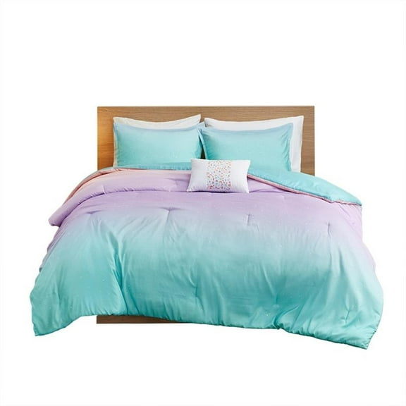 Pemberly Row Metallic Glitter Printed Reversible Comforter Set in Aqua