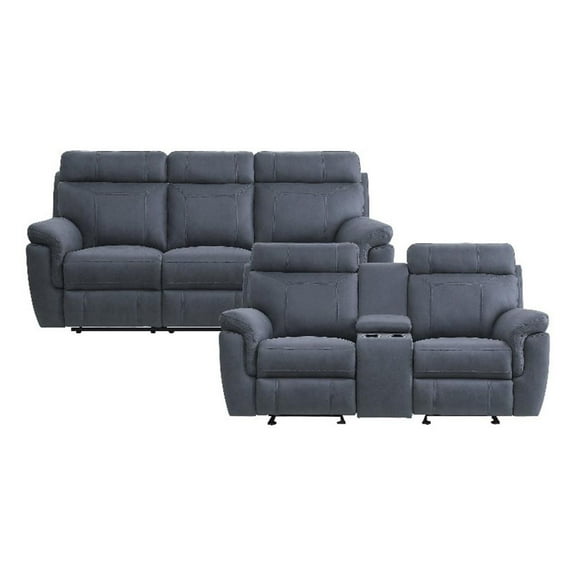Pemberly Row Microfiber 2-Piece Manual Reclining Sofa Set with Console in Blue