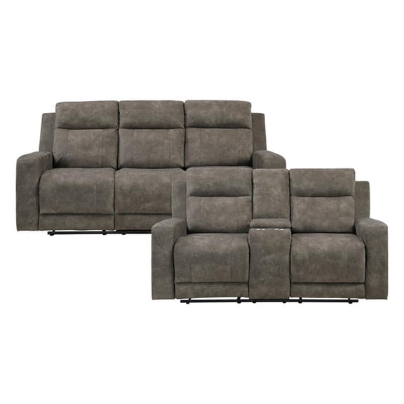 Pemberly Row Microfiber 2-Piece Reclining Sofa and Loveseat Set in Brown