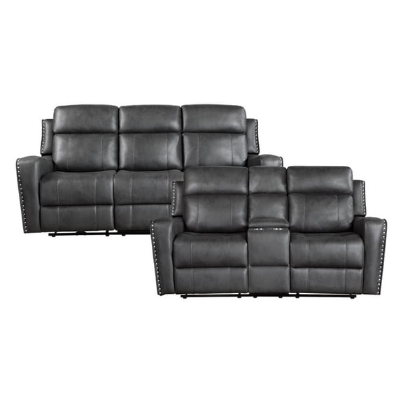 Pemberly Row Microfiber Power Reclining Sofa and Loveseat Set in Smoky Gray