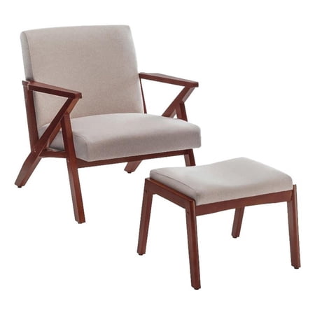 Pemberly Row Mid-Century Accent Lounge Armchair w/Ottoman in Beige Fabric