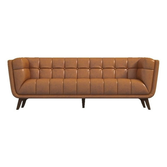 Pemberly Row Mid-Century Aniline Leather Tufted Back Sofa in Tan