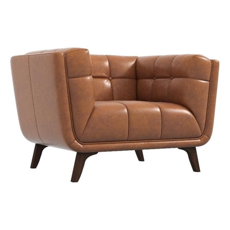 Pemberly Row Mid-Century Genuine Leather Upholstered Armchair in Tan Cognac
