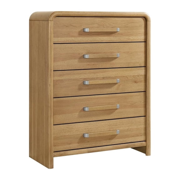 Pemberly Row Mid-Century Hickory Wood 5-Drawers Chest with Waterfall Corners