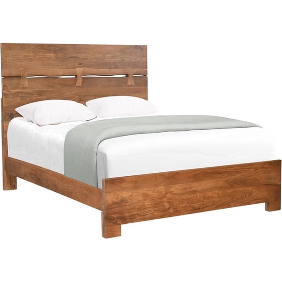 Pemberly Row Mid-Century Live Edge Solid Wood Queen Panel Bed in Brown