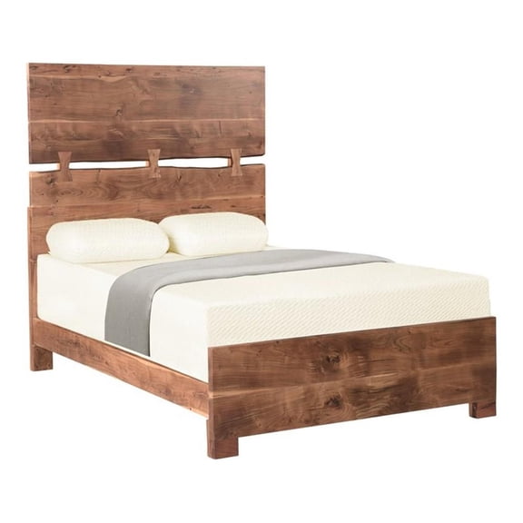 Pemberly Row Mid-Century Live Edge Solid Wood Queen Panel Bed in Brown