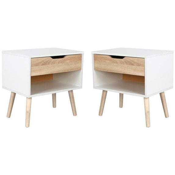 Pemberly Row Mid-Century Modern 1 Drawer End Table in White and Oak (Set of 2)