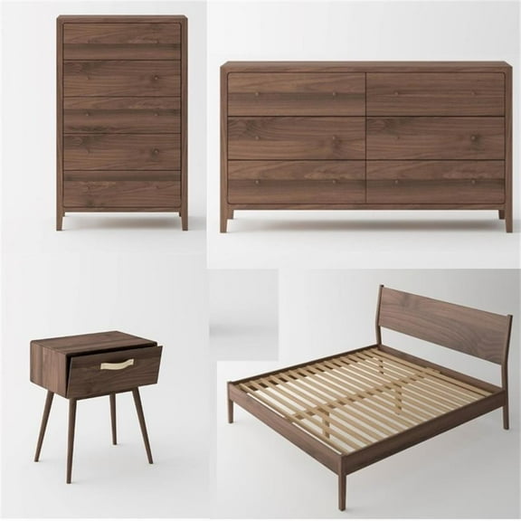 Pemberly Row Mid-Century Solid Black Walnut Queen Bedroom Set