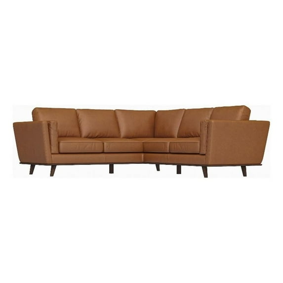 Pemberly Row Mid-Century Symmetrical Genuine Leather Corner Sofa in Tan