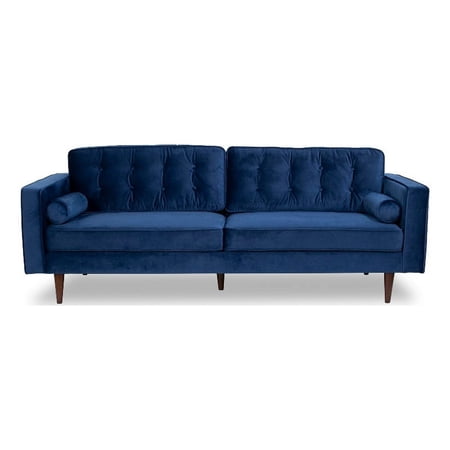Pemberly Row Mid-Century Tufted Back Upholstered Velvet Sofa in Dark Blue