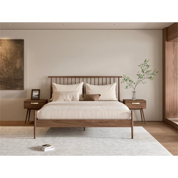 Pemberly Row Midcentury Queen Bed with Two nightstands - Black Walnut