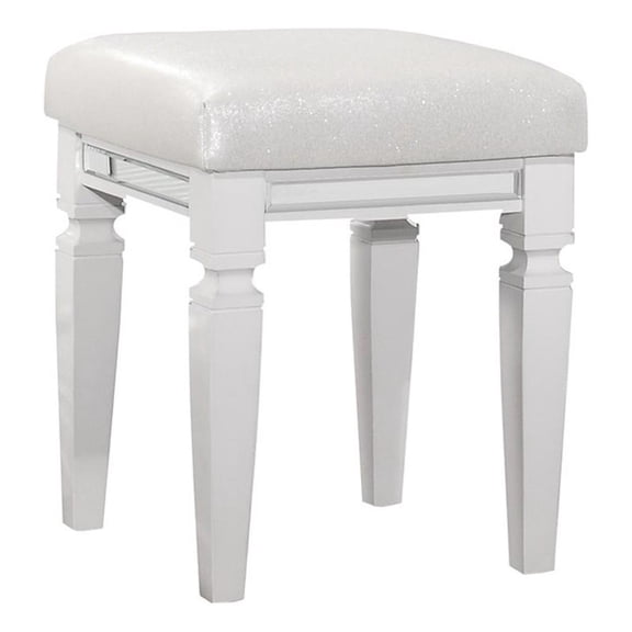 Pemberly Row Mirrored Faux Leather Vanity Stool with Metallic Finish in White