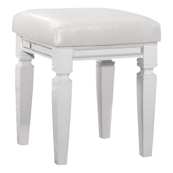 Pemberly Row Mirrored Faux Leather Vanity Stool with Metallic Finish in White