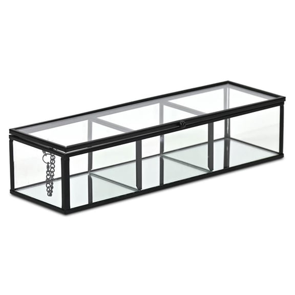 Pemberly Row Mirrored Glass Display Box with 3 Compartments in Black