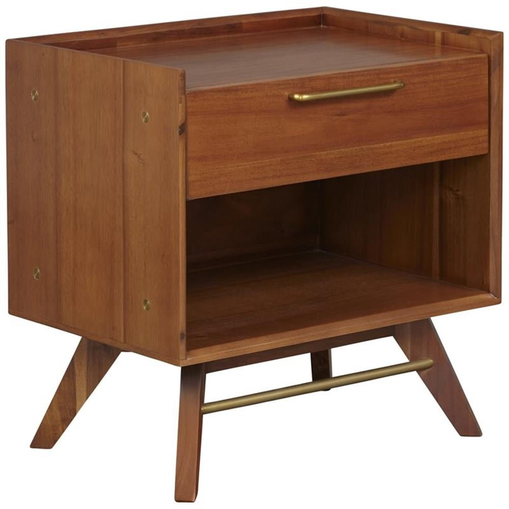 Walnut Acacia Wood Nightstand with Brass Handle and Shelf